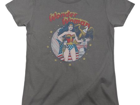 JUSTICE LEAGUE OF AMERICA : AT YOUR SERVICE WOMENS SHORT SLEEVE CHARCOAL SM For Cheap